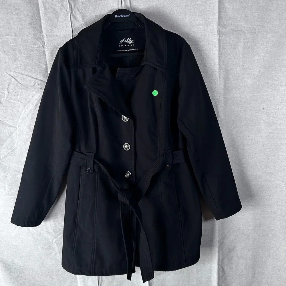 Sebby‎ Collection Black Water Resistant Windproof Belted Trench Coat Womens 1X